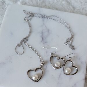 Sterling Silver 925 Heart Pendant and Earrings with Fresh Water Pearl Set